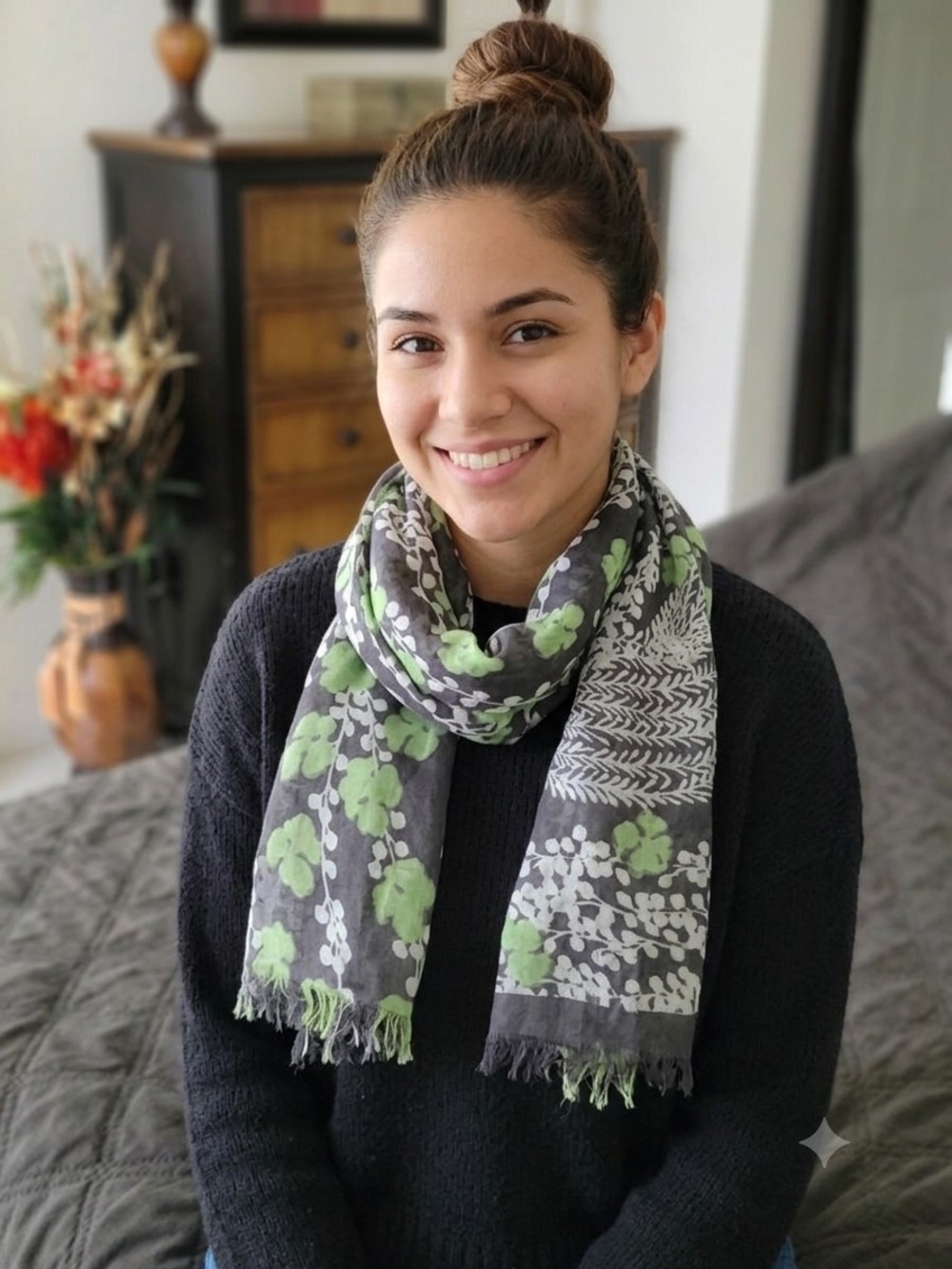 Botanical Green & Charcoal Lightweight Scarf – Floral Print Neck Scarf